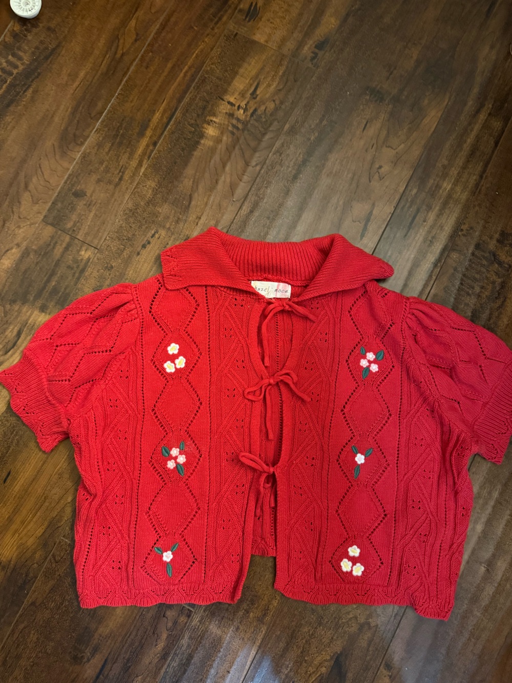 Hazel Moon Tie Front Floral Embroidered Cardigan Sweater Red Short Sleeve Large